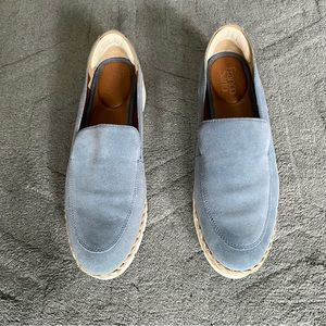 Franco Sarto blue suede Loafers with tan rope trim, white platform soles.